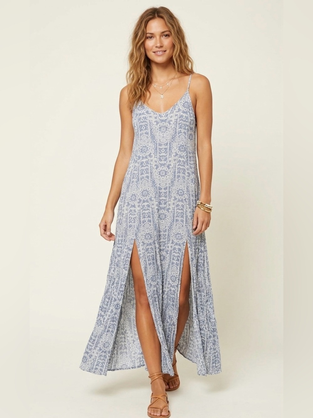 En Crème Light Blue & White Boho Maxi Dress With Front Slits, Size M